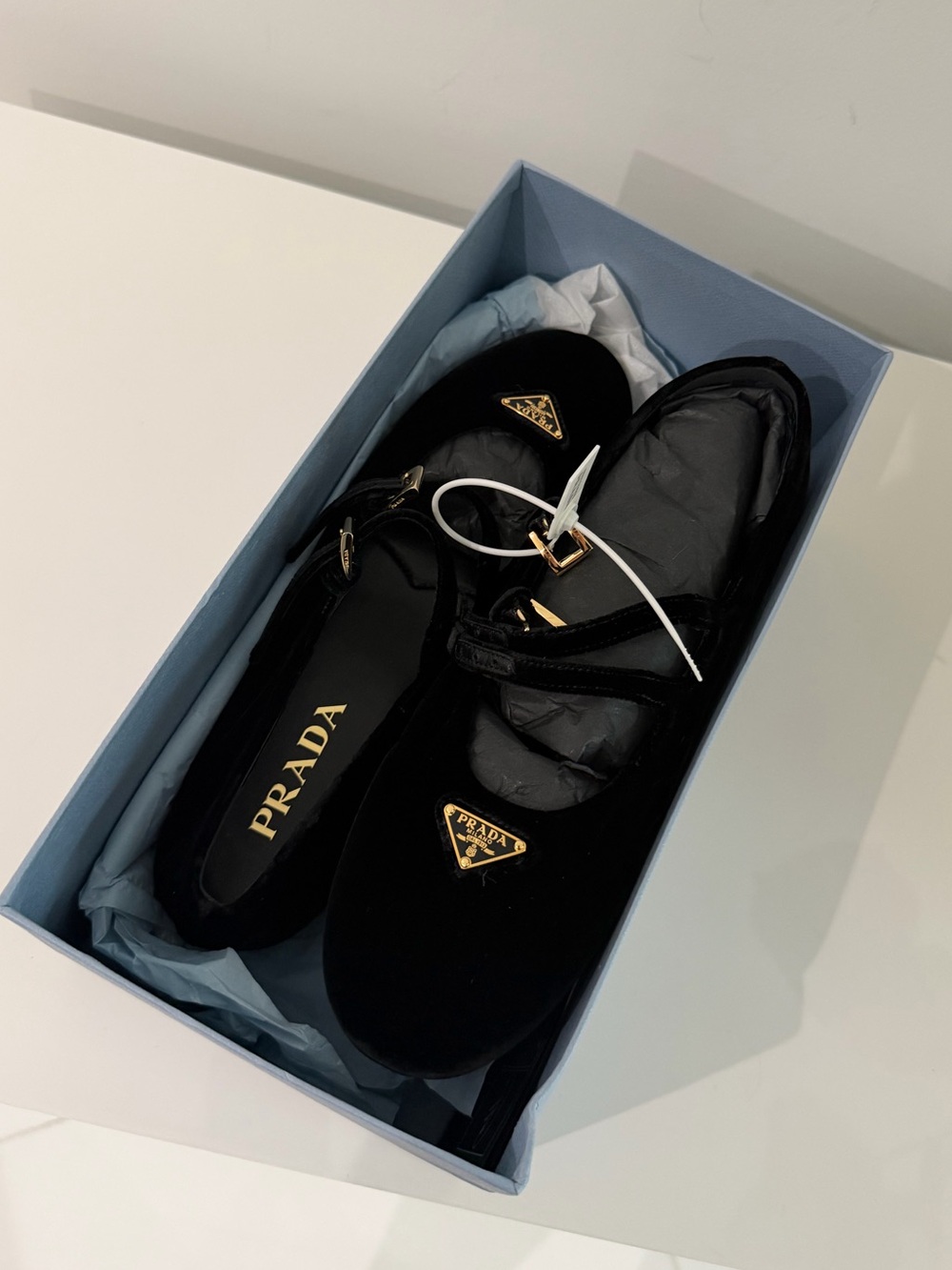 Brand New Prada Black Velvet Double-Strap Mary Jane Flats with Gold Logo